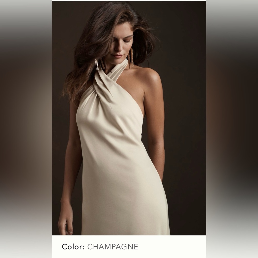 BHLDN Ruby twist halter satin gown- color:champagne 
🥂 
Hemmed for 1 1/2” heels